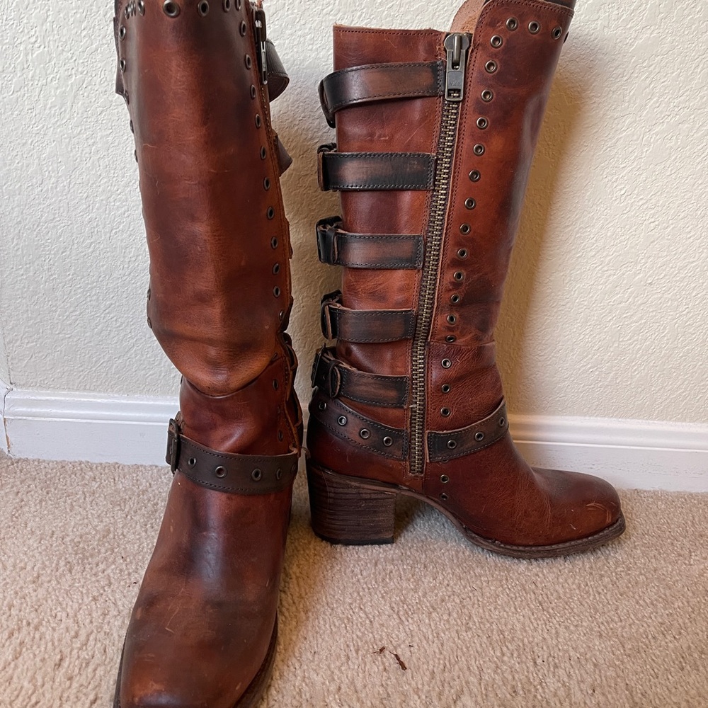 DERBY Freebird by Steven Cognac and Dark Brown Heeled Boots EUC with Box - Picture 8 of 11